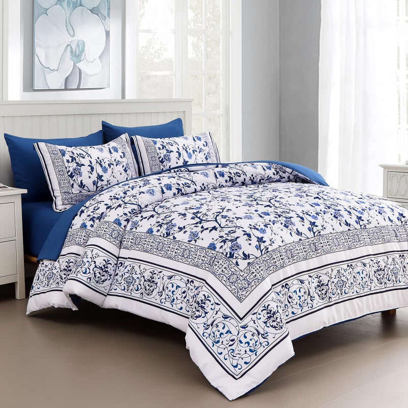 Dobuyly Floral Queen Comforter Set 7 Piece Bed in a Bag Queen Size Blue Flowers on White Botanical Bedding Set Soft Microfiber Bedding Comforter Sets with Sheets for All Season
