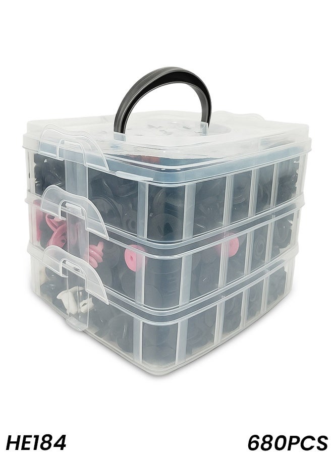 مجموعة مشابك تثبيت وتركيبات تثبيت السيارة HE184، 680 قطعة، مع 23 مقاسًا من مسامير تثبيت مصد الصدمات، ومشابك لوحة زخرفة الباب، ومجموعة متنوعة من مثبتات هيكل السيارة، مع 4 قطع من أدوات إزالة المثبتات، وقضيب رفع، وروابط كابلات. - Image 1