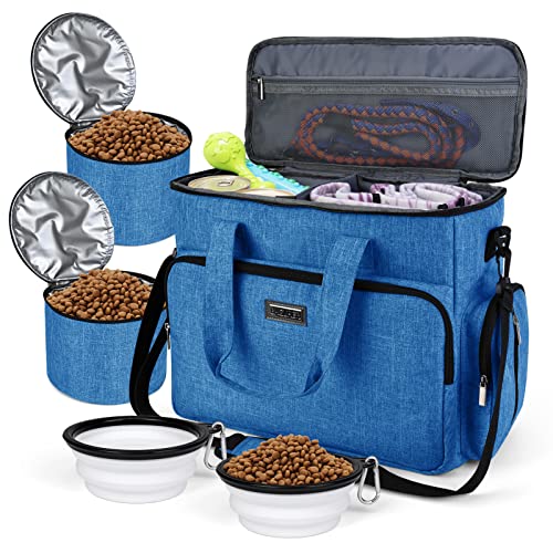 BAGLHER Dog Travel Bag Pet Travel Bag ALL Pet Travel Supplies With 2 Pet Food Containers and 2 Collapsible Silicone Bowls Essential Kits for Pet Travel Blue
