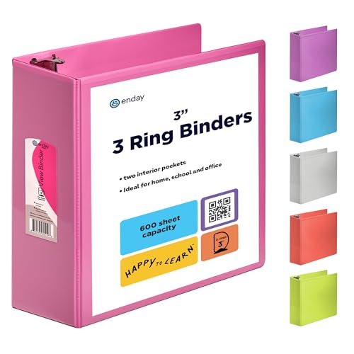 Enday 3 Inch 3 Ring Binder Pink, Slant D-Ring 3” Clear View Cover with 2 Inside Pockets, Heavy Duty Colored School Supplies Office and Home Binders – by Enday - Image 1
