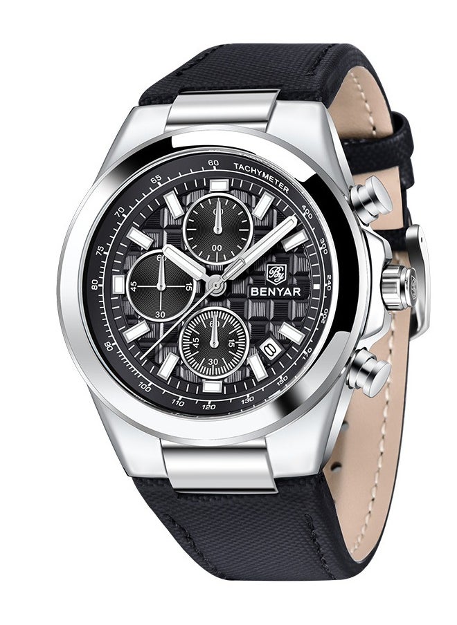 BENYAR - Watches for Men Luxury Quartz Water Resistant Watch Men's Chronograph Genuine Leather Strap 5206BK - Image 1