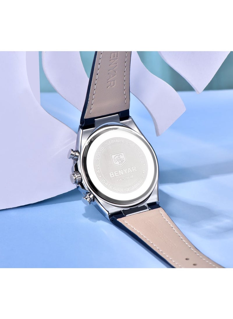 BENYAR - Watches for Men Luxury Quartz Water Resistant Watch Men's Chronograph Genuine Leather Strap 5206BK - Image 1