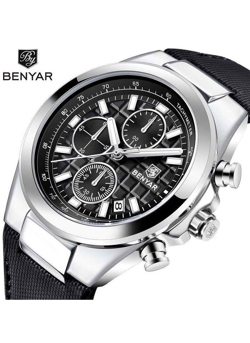 BENYAR - Watches for Men Luxury Quartz Water Resistant Watch Men's Chronograph Genuine Leather Strap 5206BK - Image 1
