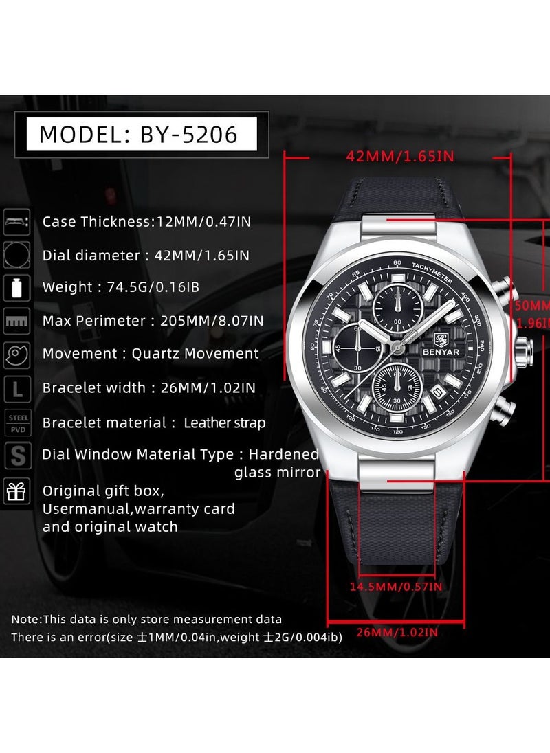 BENYAR - Watches for Men Luxury Quartz Water Resistant Watch Men's Chronograph Genuine Leather Strap 5206BK - Image 1