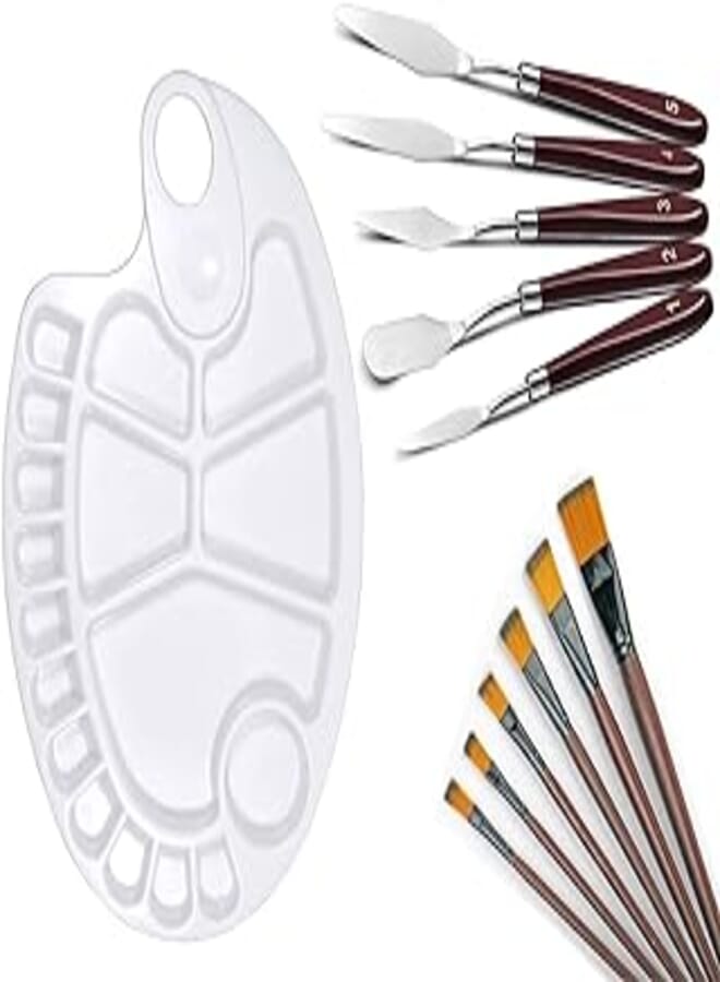 12PCS Painting Brush, Palette & Knife Set, Stainless Steel Acrylic Oil Painting Knives & Brushes, Fabric Paints Tools, Artist Paint Mixing Sc, Oval Reusable Pallette Art Watercolor Supplies Kit