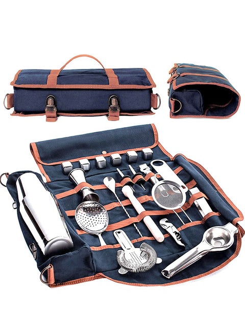 Bartender Kit Bag, Portable Waxed Canvas Bag Can Use For Professional 17-Piece Bar Tool Set, Including Shoulder Strap for Easy Carry(Bar Tools Not Include)(Blue)