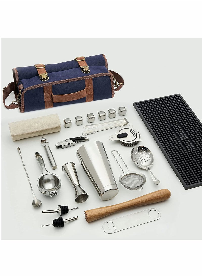 Bartender Kit Bag, Portable Waxed Canvas Bag Can Use For Professional 17-Piece Bar Tool Set, Including Shoulder Strap for Easy Carry(Bar Tools Not Include)(Blue)