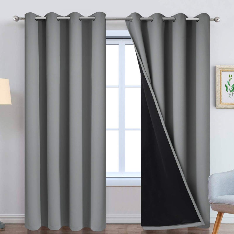 Yakamok 100 Blackout Curtains 96 Inches Long Total Blackout Lined Curtain Panels for Bedroom 2 Thick Layers Grommet Top Thermal Insulated Blackout Drapes for Living Room52Wx96L Grey 2 Panels