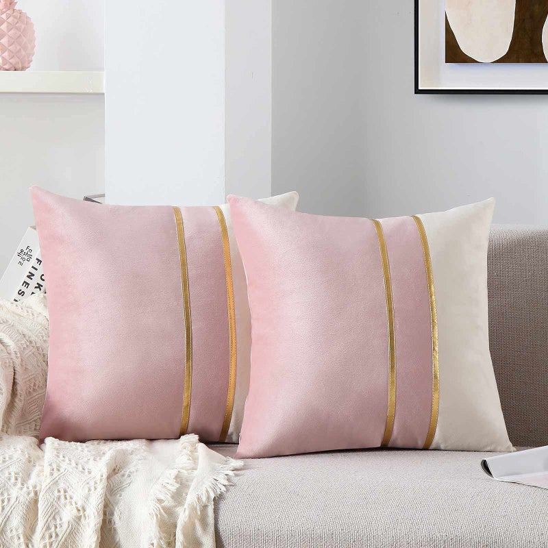 WACOMECO Velvet Throw Pillow Covers  Pack of 2 Soft Decorative Cushion Covers Cases with Gold Leather for Sofa Bedroom Livingroom Car 18 x 18 in Blush Pink and White