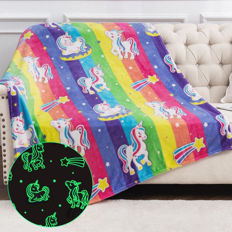 Levens Unicorn Gifts Toys for Girls Kids - Glow in The Dark Rainbow Blanket Best Christmas Birthday Valentines Easter Decor Present for Age 1-14 Years Old Teens Child Toddler Daughter Soft Cozy Throw 50"x60" - Image 1