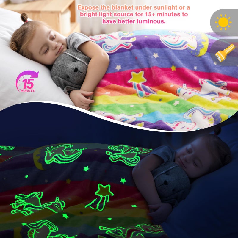 Levens Unicorn Gifts Toys for Girls Kids - Glow in The Dark Rainbow Blanket Best Christmas Birthday Valentines Easter Decor Present for Age 1-14 Years Old Teens Child Toddler Daughter Soft Cozy Throw 50"x60" - Image 4