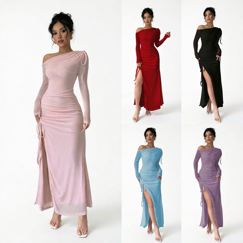 Long Sleeve Mesh One Shoulder Ruched Bodycon Tie Side Slit Maxi Dress - Image 1