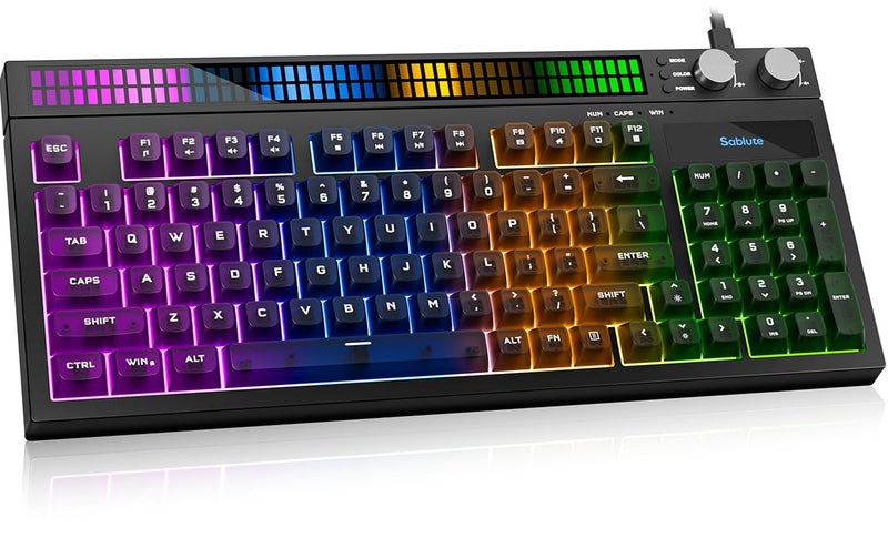 SABLUTE Quiet Gaming Keyboard with Sound-Sync RGB LED Display, 94-Key Wired PC Gaming Keyboards for Pro Gamers, Tactile Mechanical Feel, Anti-Ghosting, Volume Control Knob for PS5/Xbox/PC, Black - Image 1