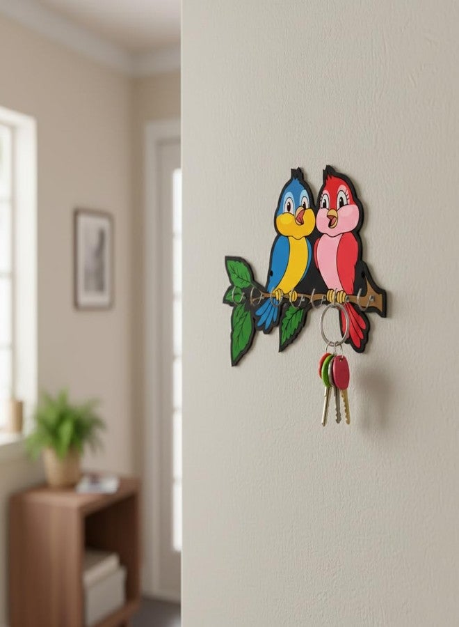 RADIQORE Wooden Cute Love Birds Key Holder for Wall Decor - 7 Hooks - Stylish Entryway Wall Hanger & Home Organizer - 7 x 6 Inches (red Blue) - Image 3