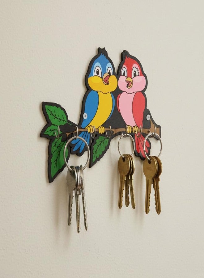 RADIQORE Wooden Cute Love Birds Key Holder for Wall Decor - 7 Hooks - Stylish Entryway Wall Hanger & Home Organizer - 7 x 6 Inches (red Blue) - Image 1