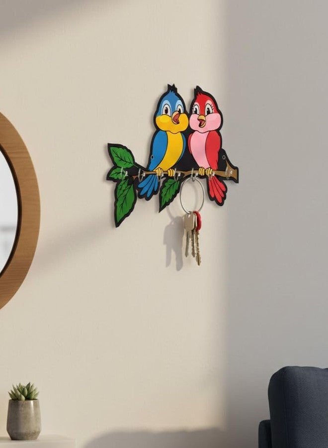 RADIQORE Wooden Cute Love Birds Key Holder for Wall Decor - 7 Hooks - Stylish Entryway Wall Hanger & Home Organizer - 7 x 6 Inches (red Blue) - Image 2