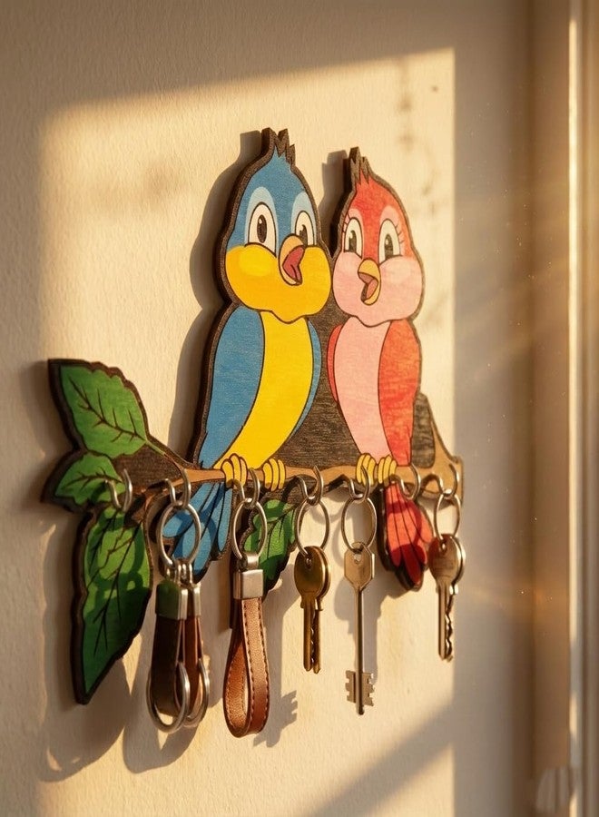 RADIQORE Wooden Cute Love Birds Key Holder for Wall Decor - 7 Hooks - Stylish Entryway Wall Hanger & Home Organizer - 7 x 6 Inches (red Blue) - Image 4