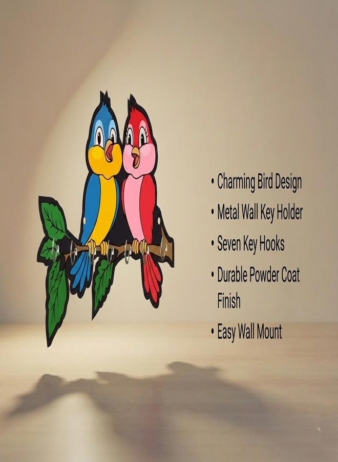 RADIQORE Wooden Cute Love Birds Key Holder for Wall Decor - 7 Hooks - Stylish Entryway Wall Hanger & Home Organizer - 7 x 6 Inches (red Blue) - Image 5