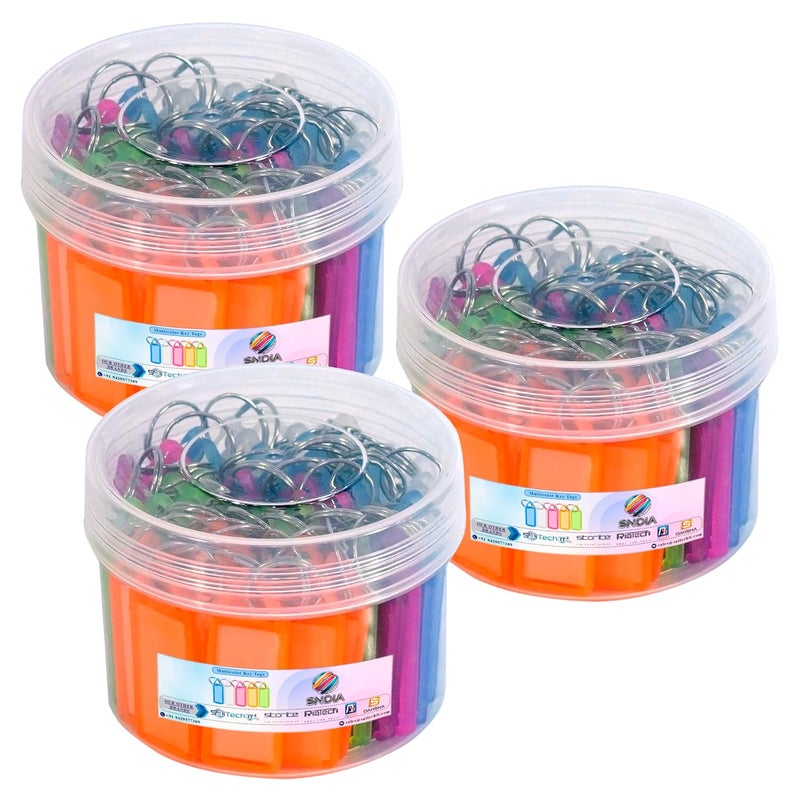 SNDIA علامة مفاتيح بلاستيكية 150 قطعة متعددة الألوان مع ملصقات أسماء مفاتيح متنوعة مع ملصق تعريف من الجانبين وحلقة مفاتيح للمكتب والمنزل - Image 1