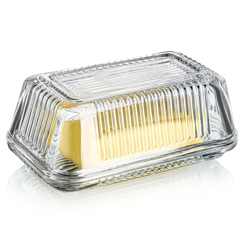 QFkris Clear Glass Butter Dish with Lid for Countertop, 6.5" Crystal Butter Dish with Cover, Covered Butter Tray for Refrigerator - Image 1