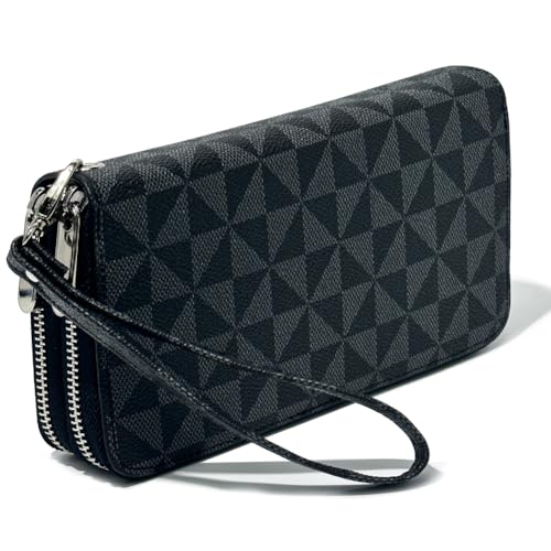 Veki Women's Wallet Double Zipper Pocket Wallets with Wrist Strap, Leather Credit Card Purse for Women Men (Black A) - Image 1