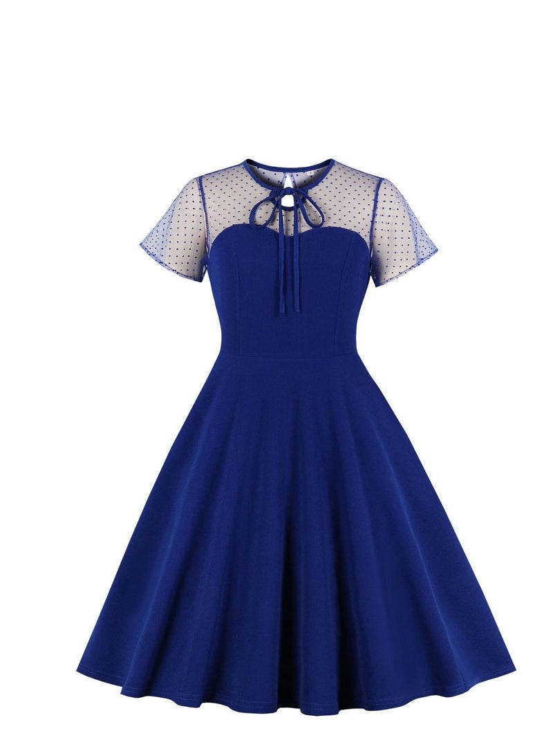 Loquat Mesh Polka Dot Patchwork Puffy Skirt In Royal Blue  - Image 1