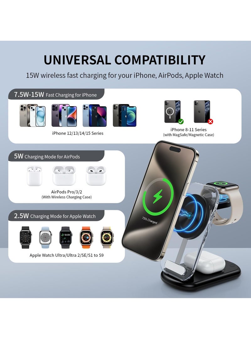 General - 2024 Version 3 in 1 iPhone Charging Station for A pple Devices,Foldable Wireless Travel Mag-Safe Charger Stand with Night Light for iPhone 15/14/13/12 Series,Apple Watch/Air Pods 3/2/Pro - Image 1