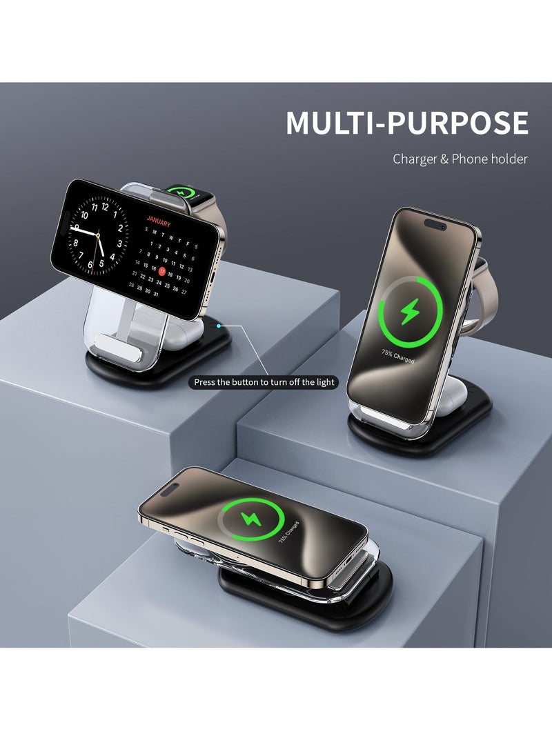 General - 2024 Version 3 in 1 iPhone Charging Station for A pple Devices,Foldable Wireless Travel Mag-Safe Charger Stand with Night Light for iPhone 15/14/13/12 Series,Apple Watch/Air Pods 3/2/Pro - Image 1