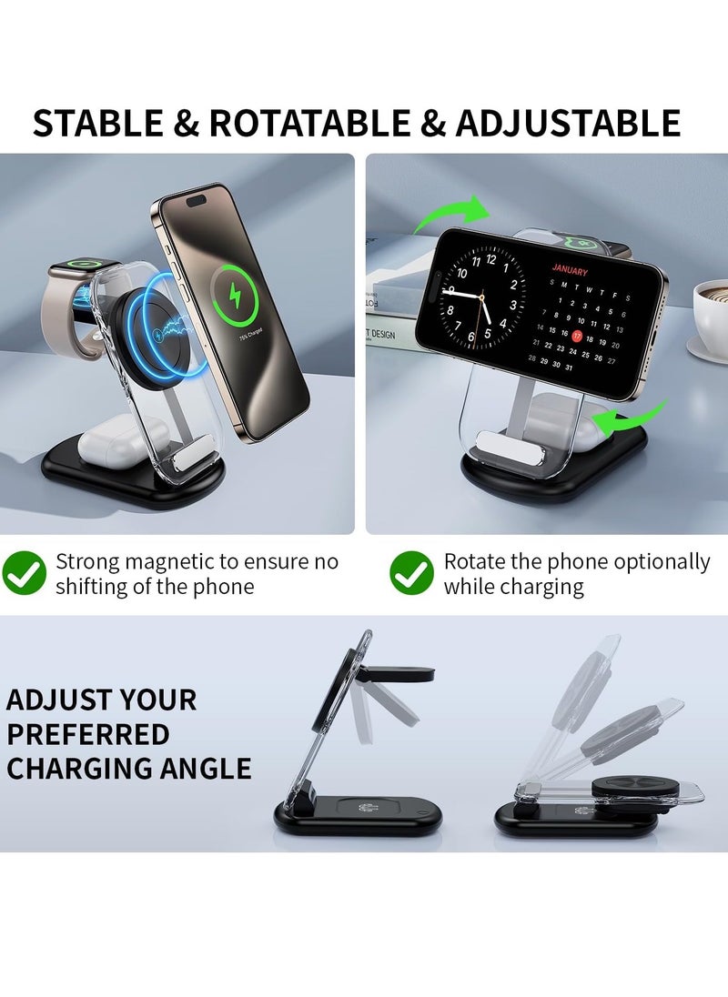 General - 2024 Version 3 in 1 iPhone Charging Station for A pple Devices,Foldable Wireless Travel Mag-Safe Charger Stand with Night Light for iPhone 15/14/13/12 Series,Apple Watch/Air Pods 3/2/Pro - Image 1