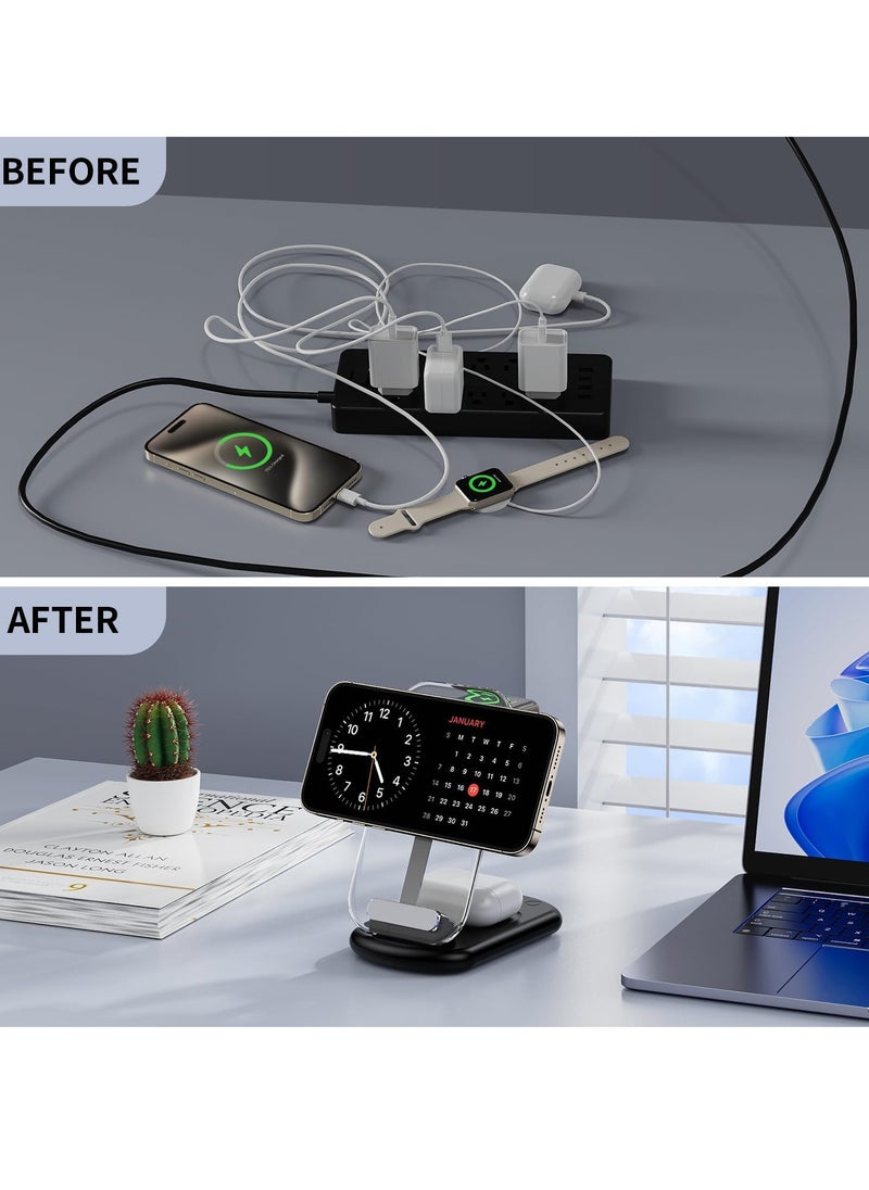 General - 2024 Version 3 in 1 iPhone Charging Station for A pple Devices,Foldable Wireless Travel Mag-Safe Charger Stand with Night Light for iPhone 15/14/13/12 Series,Apple Watch/Air Pods 3/2/Pro - Image 1