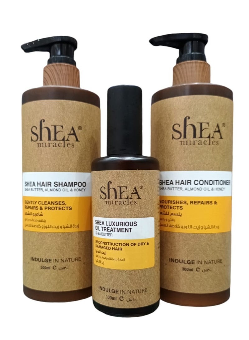 ShEA miracles Shampoo 300 ml  Conditioner 300 ml and Hair Oil 100 ml With Shea Butter  Almond Oil and Honey Extract  Suitable for Damaged and Very Dry Hair.