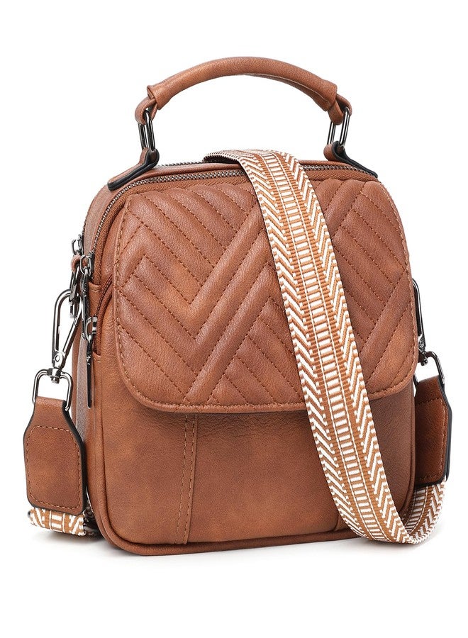 OPAGE Crossbody Bags for Women, Quilted Vegan Leather Women Crossbody Purses Shoulder Handbag with Wide Strap & Top Handle, Brown - Image 1