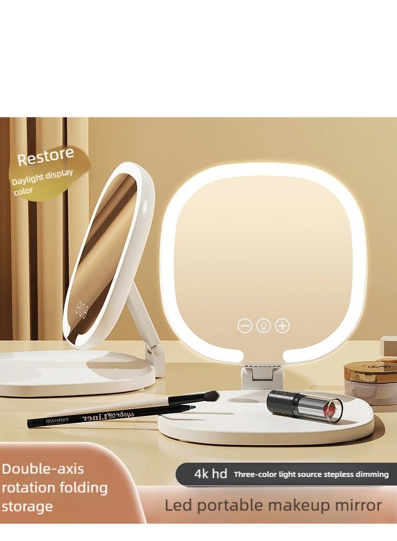فلاي هسو أدى ضوء المحمولة قابلة للطي مرآة مستحضرات التجميل مع ثلاثة أضواء قبالة سطوع اللون قابل للتعديل USB القابلة لإعادة الشحن ، أبيض - Image 1