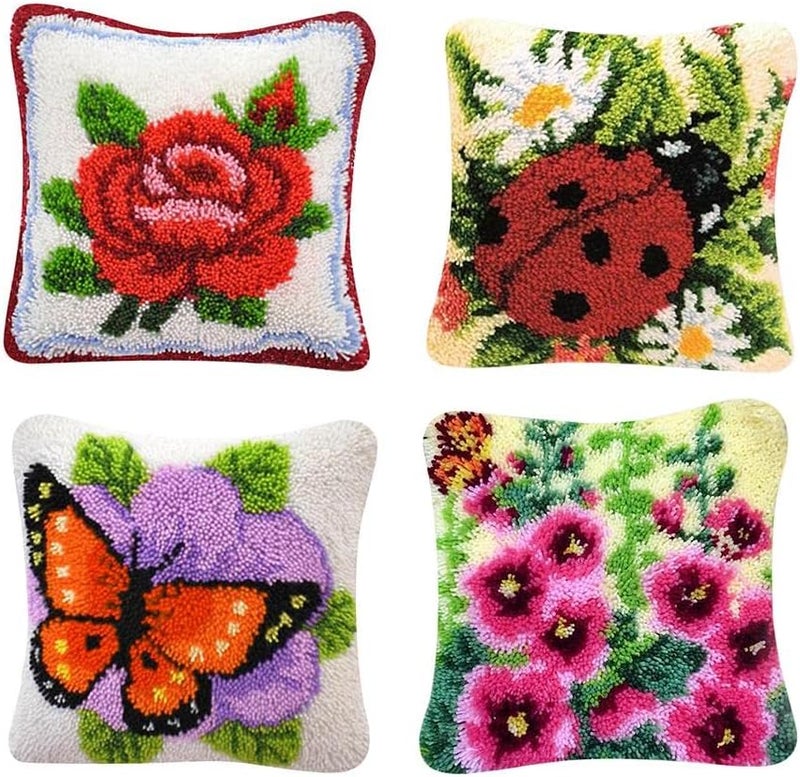 klarako Latch Hook Kits Cushion Cover Rug Making Kits DIY for Kids/Adults with Printed Canvas Pattern 16" X 16" Butterfly Ladybug Flowers (4-Packs) - Image 5