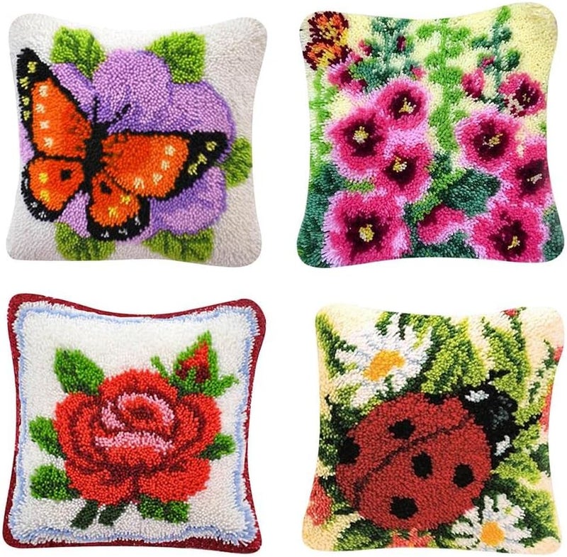 klarako Latch Hook Kits Cushion Cover Rug Making Kits DIY for Kids/Adults with Printed Canvas Pattern 16" X 16" Butterfly Ladybug Flowers (4-Packs) - Image 3