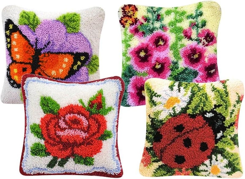 klarako Latch Hook Kits Cushion Cover Rug Making Kits DIY for Kids/Adults with Printed Canvas Pattern 16" X 16" Butterfly Ladybug Flowers (4-Packs) - Image 4