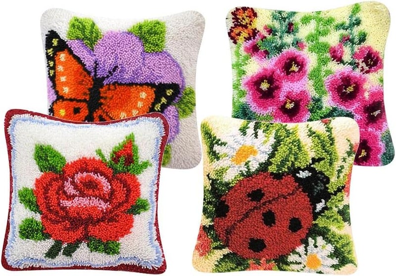 klarako Latch Hook Kits Cushion Cover Rug Making Kits DIY for Kids/Adults with Printed Canvas Pattern 16" X 16" Butterfly Ladybug Flowers (4-Packs) - Image 1