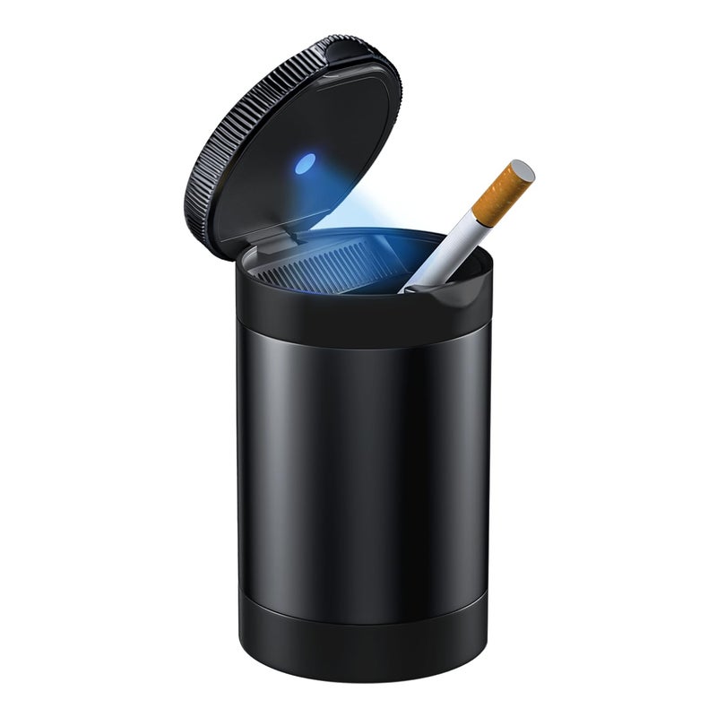 Tmengdao Ashtray with Lid Smell Proof,Smokeless Ashtray for Cup Holder,Cigar Ash Tray,Detachable Stainless Steel Car Ash Tray with LED Auto Light, for Most Car, Office, Home (Black) - Image 1