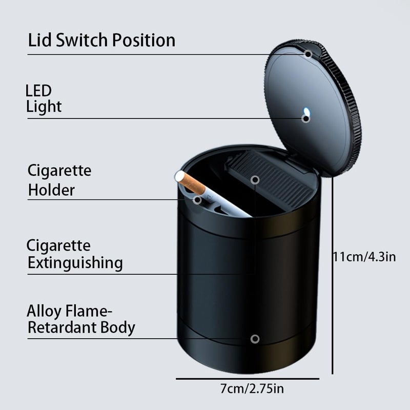 Tmengdao Ashtray with Lid Smell Proof,Smokeless Ashtray for Cup Holder,Cigar Ash Tray,Detachable Stainless Steel Car Ash Tray with LED Auto Light, for Most Car, Office, Home (Black) - Image 5