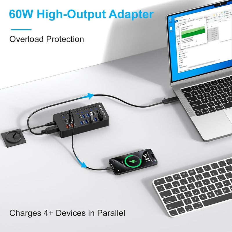 محور USB مدعوم 14 في 1 مع شحن PD بقدرة 60 واط، 6 منافذ USB 3.0، 4 منافذ شحن سريع، USB-C 3.0 ومفاتيح LED للابتوب والهاتف والتابلت - Image 5