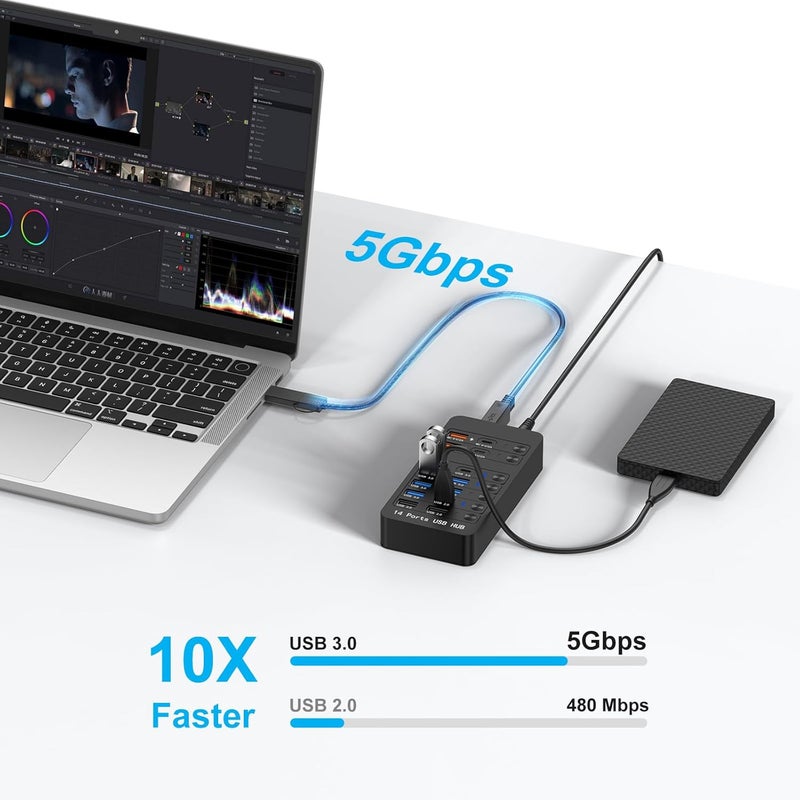 محور USB مدعوم 14 في 1 مع شحن PD بقدرة 60 واط، 6 منافذ USB 3.0، 4 منافذ شحن سريع، USB-C 3.0 ومفاتيح LED للابتوب والهاتف والتابلت - Image 3