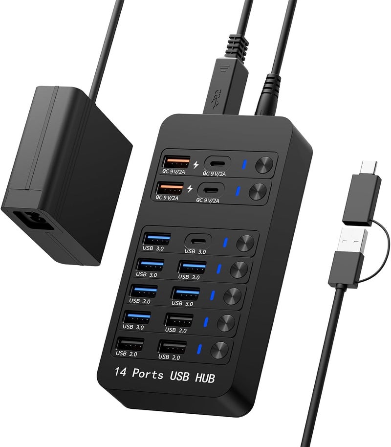 محور USB مدعوم 14 في 1 مع شحن PD بقدرة 60 واط، 6 منافذ USB 3.0، 4 منافذ شحن سريع، USB-C 3.0 ومفاتيح LED للابتوب والهاتف والتابلت - Image 1