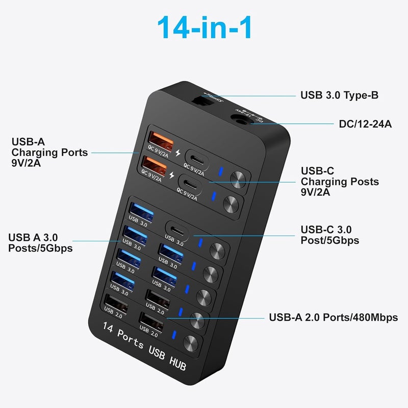 محور USB مدعوم 14 في 1 مع شحن PD بقدرة 60 واط، 6 منافذ USB 3.0، 4 منافذ شحن سريع، USB-C 3.0 ومفاتيح LED للابتوب والهاتف والتابلت - Image 2