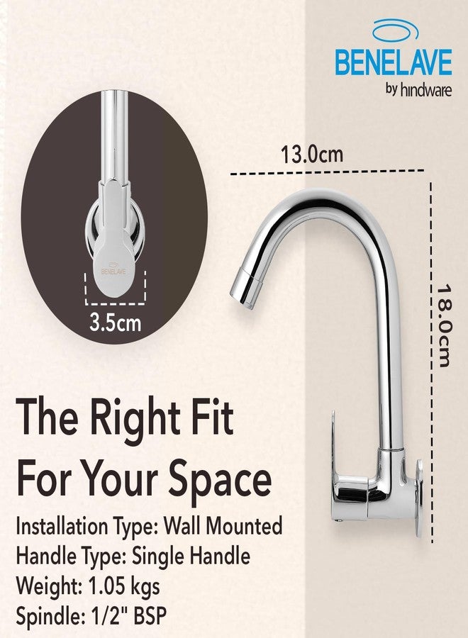 hindware Benelave by Hindware Volga Faucet for Kitchen Sink | Brass Sink Tap with Chrome Finish | Wall Mounted | 7-Year Manufacturer Warranty - Image 2