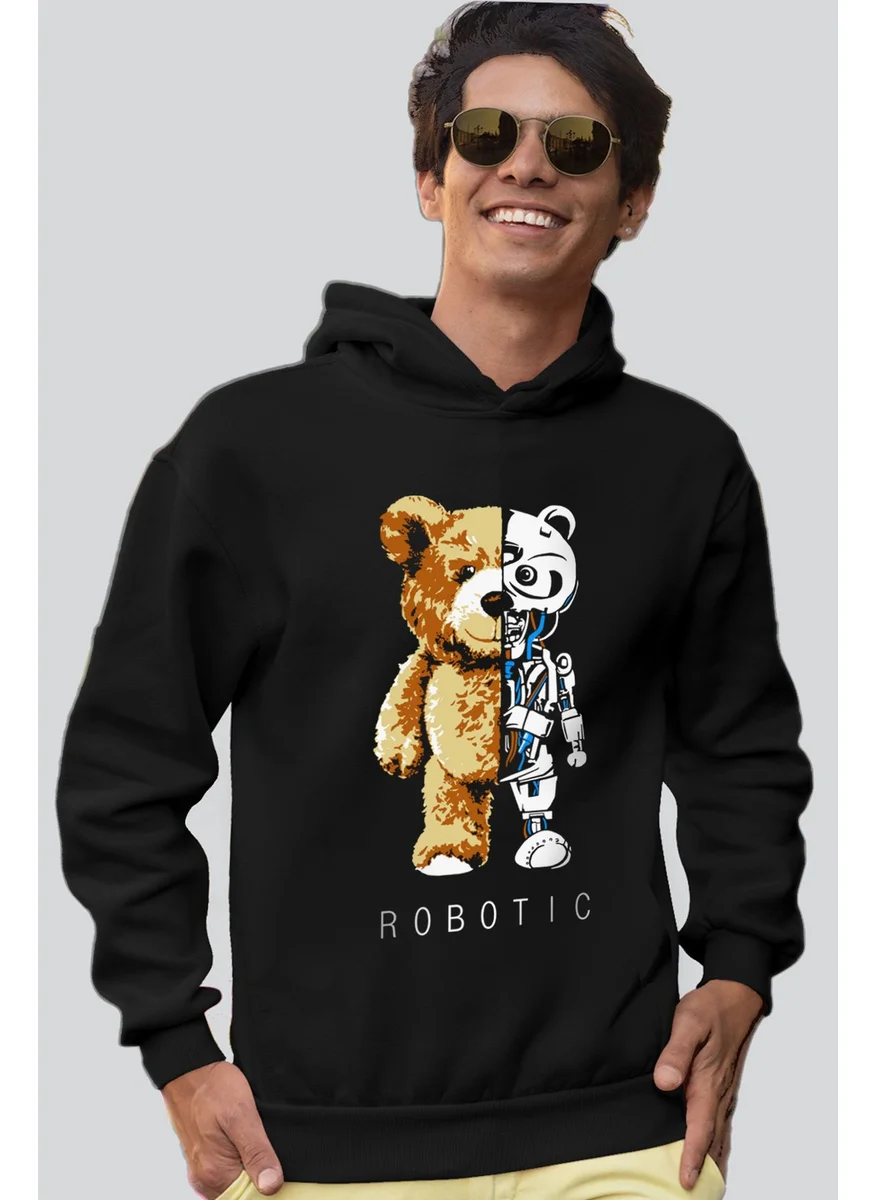 Rock&Roll Robot Bear Black Hooded Thick Men's Sweatshirt