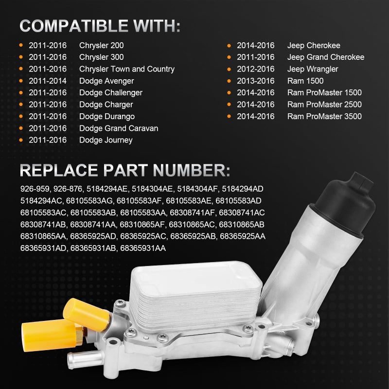 TEMSONE 926-959 Aluminum Engine Oil Filter Housing Oil Cooler Kit with Gaskets & Sensors Compatible with 2011-2016 Chrysler Dodge Avenger Journey Jeep Wrangler Ram Promaster 3.6L - Image 2