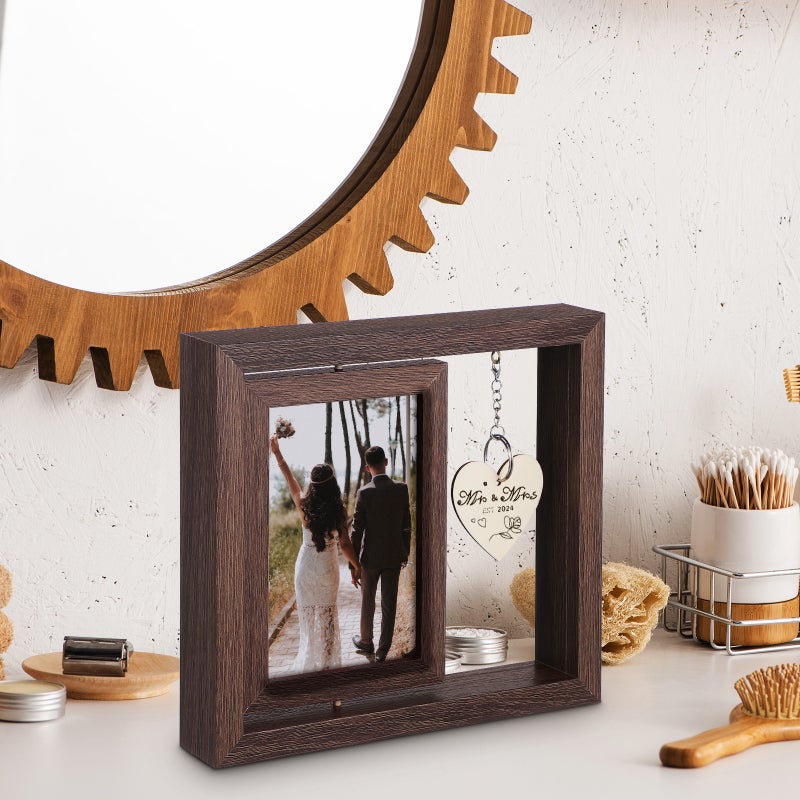 Rotating Photo Frame Double-Sided Wood Picture Frame For Couples Family Pet Tabletop Wood Display Holder Rustic Home Decor - Image 4