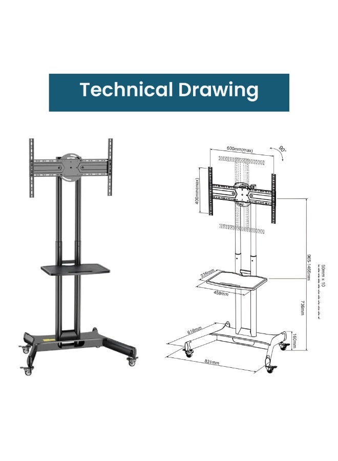 KALOC Mobile TV Cart for 32"-65" TVs up to 50 kg/110 lbs with VESA up to 600x400mm, 90° Rotation for Portrait and Landscape Modes, Includes Equipment Shelf, Lockable Wheels for Easy Mobility - TF-L65-X - Image 5