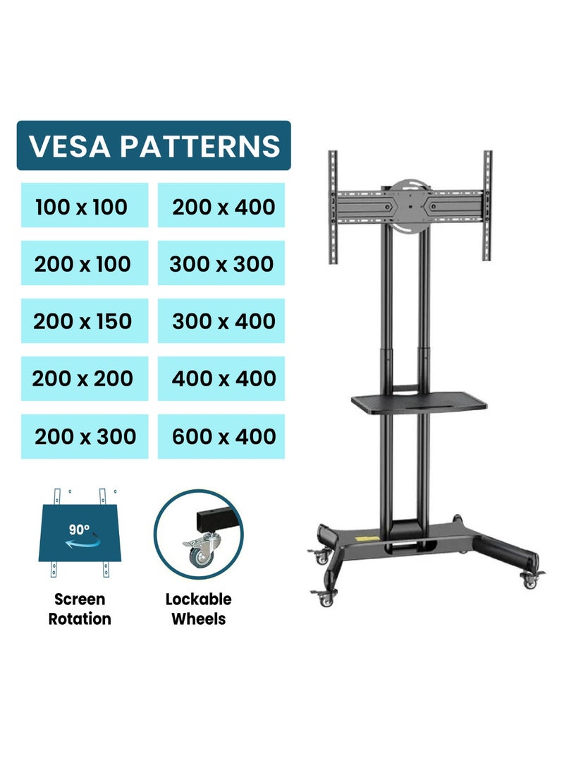 KALOC Mobile TV Cart for 32"-65" TVs up to 50 kg/110 lbs with VESA up to 600x400mm, 90° Rotation for Portrait and Landscape Modes, Includes Equipment Shelf, Lockable Wheels for Easy Mobility - TF-L65-X - Image 3