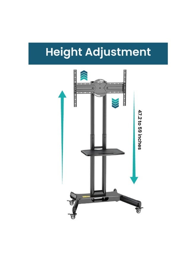 KALOC Mobile TV Cart for 32"-65" TVs up to 50 kg/110 lbs with VESA up to 600x400mm, 90° Rotation for Portrait and Landscape Modes, Includes Equipment Shelf, Lockable Wheels for Easy Mobility - TF-L65-X - Image 2